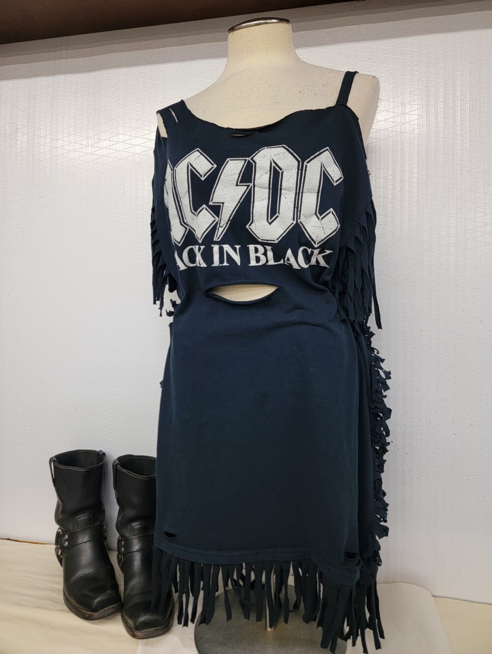 AC/DC Rock Band Fringe T-Shirt Dress - Upcycled